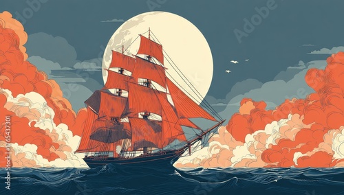 Red-sailed ship sailing ocean under a big moon
