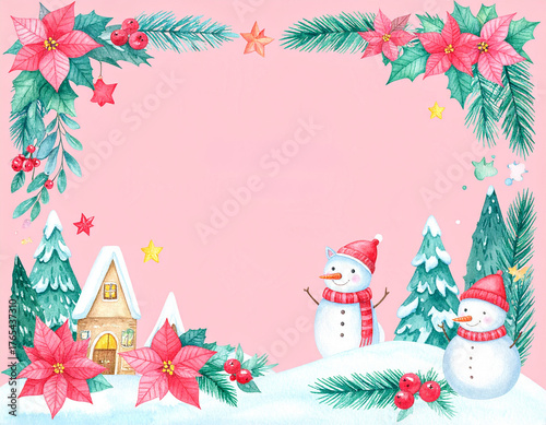 Watercolor christmas greeting card. Christmas border.