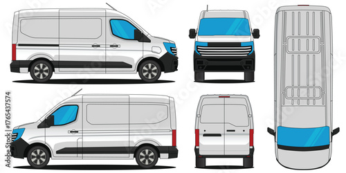 Van car vector. Car mockup illustration of a interstar van.  Isolated on white background, With side, front, rear and top views