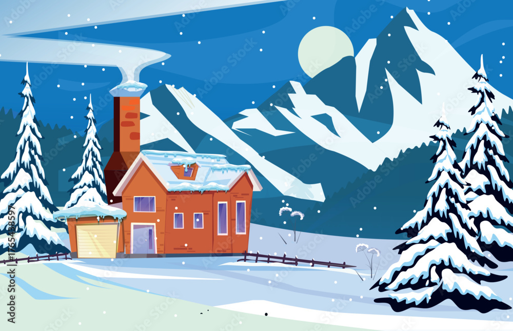 Naklejka premium Winter Scene Snowy Cottage Mountain Sketch Background Vector Design