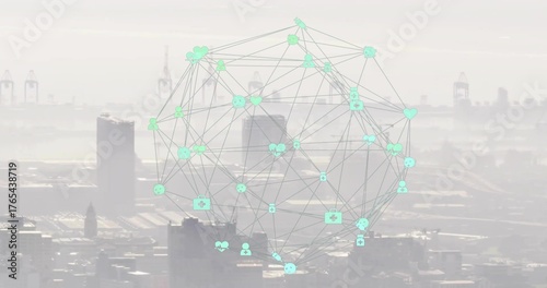 Hovering digital network sphere mapping interconnected lines and glowing icons above city skyline