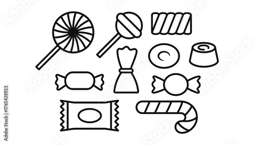 Confectionery and Sweets Vector Outline Icon Set: Collection of 9 Thin-Line Symbols Including Lollipop, Wrapped Candy, Chocolate, and Candy Cane for Treats and Dessert Graphics