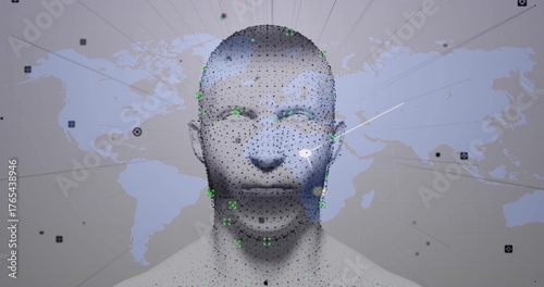 Showing 3D head model in virtual dashboard with mesh, green markers, radial lines to map nodes