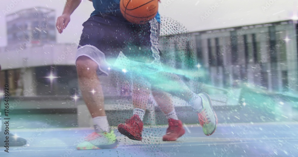 Fototapeta premium Basketball players dribbling and guarding on outdoor court, wearing sports shorts, neon sneakers