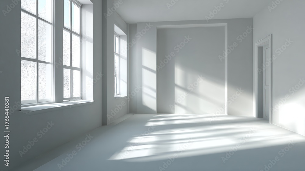 Fototapeta premium Minimalist interior with large windows and bright sunlight creating shadows