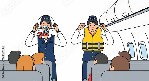 Illustration of two flight attendants putting on oxygen masks and life vests in an airplane cabin with passengers.