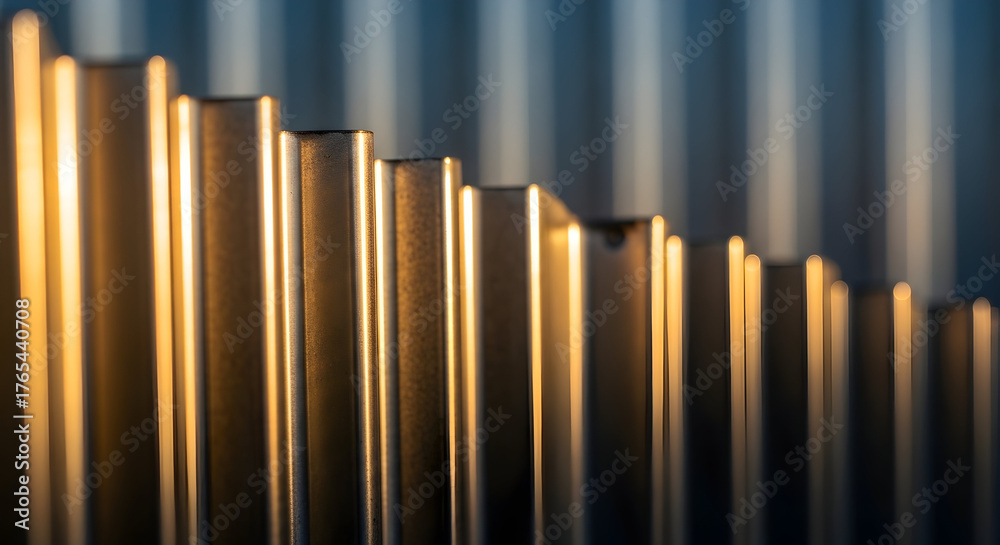 Obraz premium Abstract Close-Up of Metallic Stripes Reflecting Warm Light Against a Cool Background Creating a Unique Visual Pattern