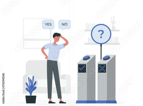 Confused man with YESNO speech bubbles looking at two machines with question mark decision choice
