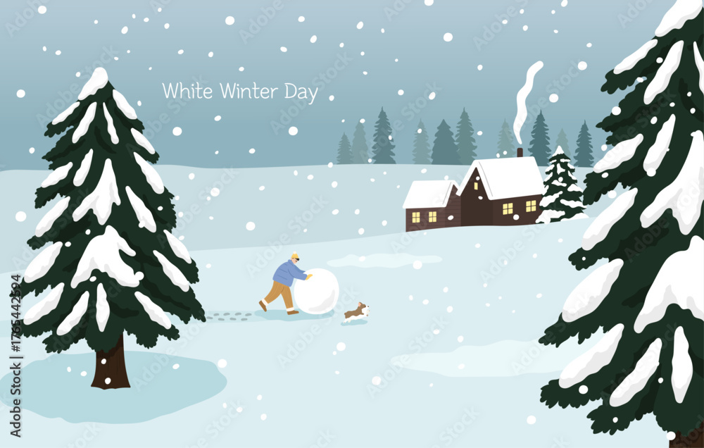 Fototapeta premium Snowy Village Winter Landscape with Snowman