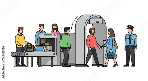 Illustration of people going through airport security screening with a metal detector and baggage check