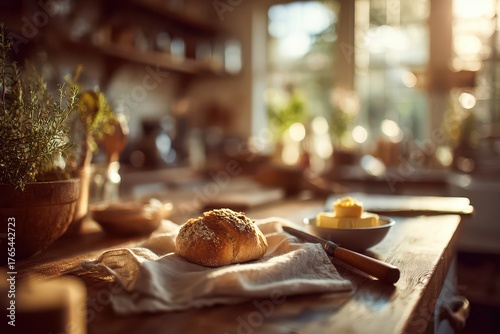 Warm artisan bread roll and fresh butter on a cozy rustic kitchen table.
