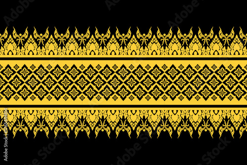 Elegant Thai art pattern in gold and black tones with circular floral ornaments and symmetrical border design for background or textile use.