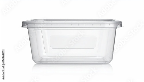 Clear plastic container, square with lid, reflective surface