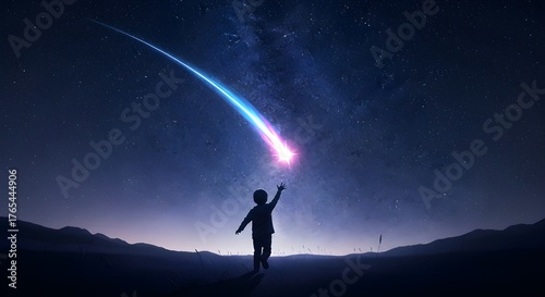 A dreamy illustration of a little child running and reaching for glowing stars under a beautiful night sky. The scene symbolizes hope, imagination, and childhood dreams. Perfect for themes of inspirat