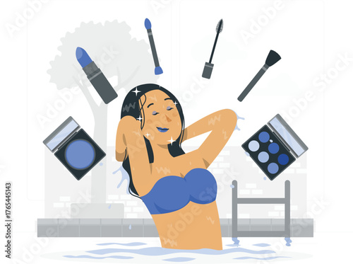 Woman enjoying a refreshing dip in a pool surrounded by floating makeup products swimming water