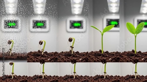 Timelapse of plant growth from seed to seedling under artificial light in a controlled environment.
