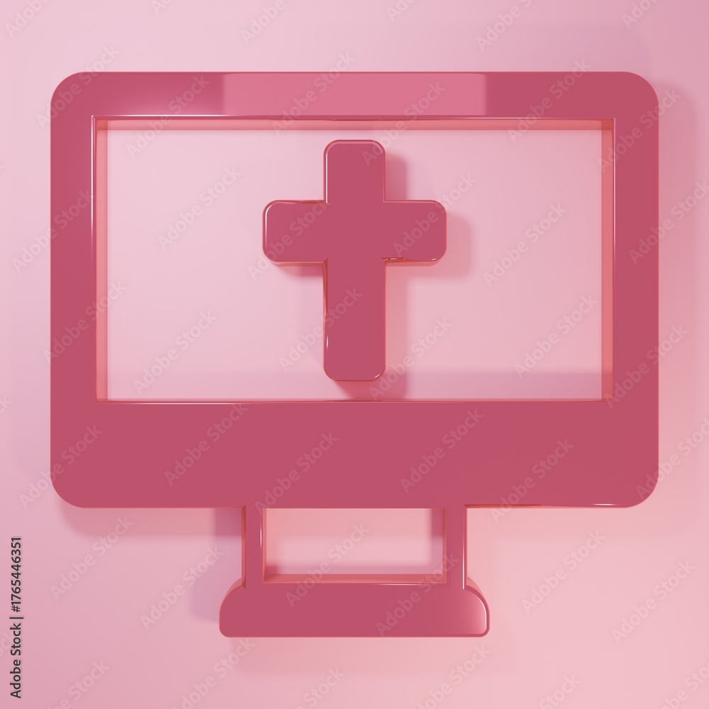 Obraz premium Pink Christian cross on monitor icon isolated on pink background. Church cross. Minimalism concept. 3D render illustration
