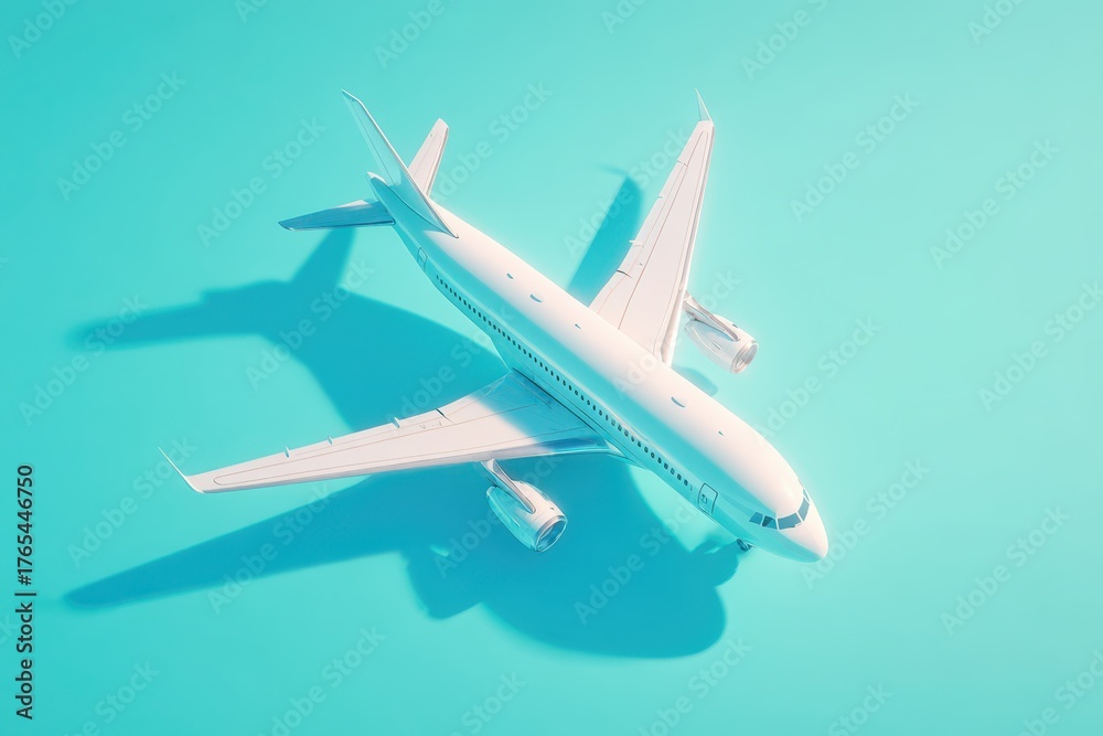 Fototapeta premium Modern white passenger airplane with a shadow against a vibrant turquoise background.