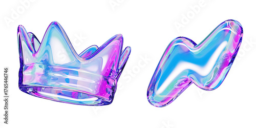 Crystal holographic y2k crown and lightning bolt icon with bright neon gradient isolated on black background. Render 3d set of liquid glass abstract shapes in retro futuristic style © marozhkastudio