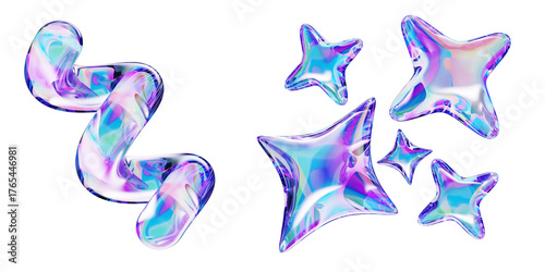 Holographic y2k crystal stars and spiral line. Liquid glass inflatable 3d shapes with bright neon gradient isolated on black background. Iridescent abstract geometric elements render