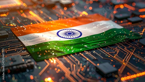 Microchip embedded on circuit board with Indian flag design and glowing orange edges, symbolizing national innovation in technology.