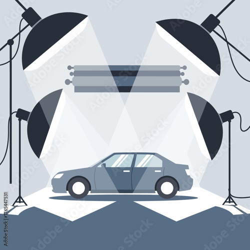 Captivating car photoshoot setup with professional studio lighting creating dramatic shadows and highlights for a stunning automobile presentation.