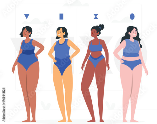 Diverse Female Body Types Illustrated in Blue Swimwear Against White Background Keywords: body positivity, female body shapes, diverse women, different body types, swimwear, bikini, plus size