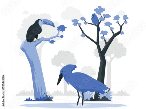 Toucan and heron birds in a natural habitat with trees and water Keywords: toucan, heron, bird, wildlife, nature, animal, tropical, jungle, forest, trees, branches, water, pond, wetland, habitat