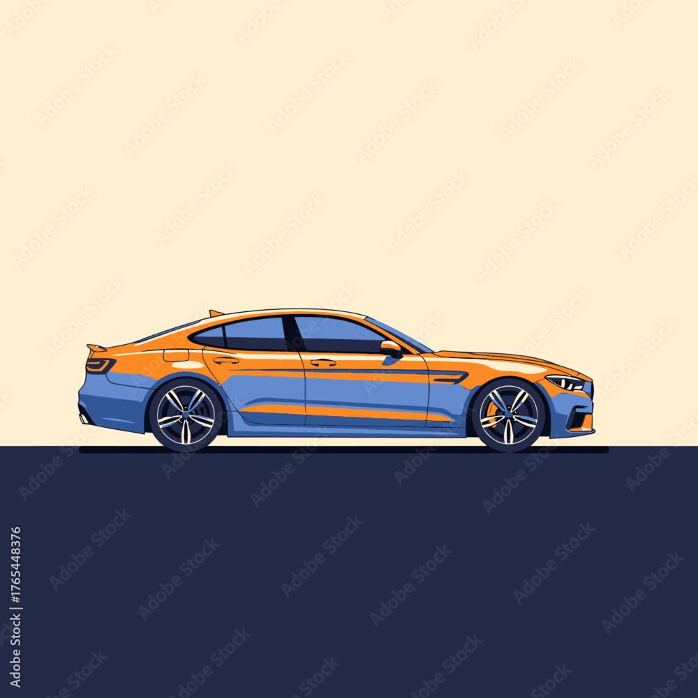 Fototapeta premium Dynamic modern sedan in vibrant blue and orange, showcasing sleek automotive design and luxury performance for advertising and branding.