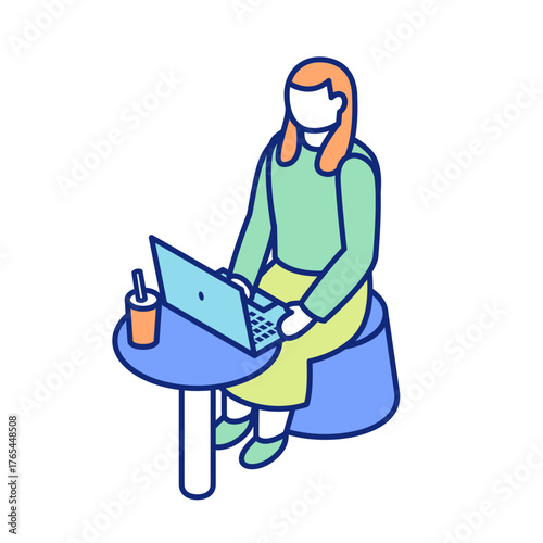 Isometric Illustration of Woman Working on Laptop at Cafe