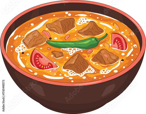 Authentic spicy meat curry, traditional South Asian cuisine, flavorful tomato chili gravy, aromatic herbs, rich orange broth, delicious homemade food photography