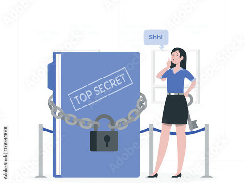 Woman guarding a locked top secret book with a key and shushing gesture Keywords: secret, top secret, classified, confidential, locked, book, document, information, security, protection, data