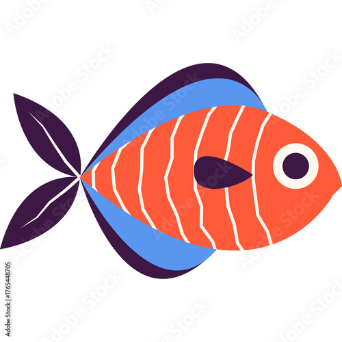 Colorful Tropical Fish Illustration with Orange Body Blue Fins and Purple Tail Isolated on Transparent Background Simple Cartoon Style