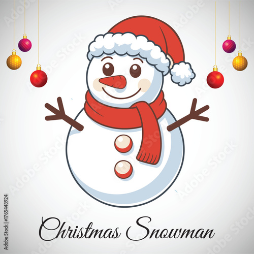 Cute Christmas snowman vector with hat, scarf, and snowflakes. Perfect for holiday cards, t-shirt designs, posters, mugs, and festive winter projects. Fully editable and high quality