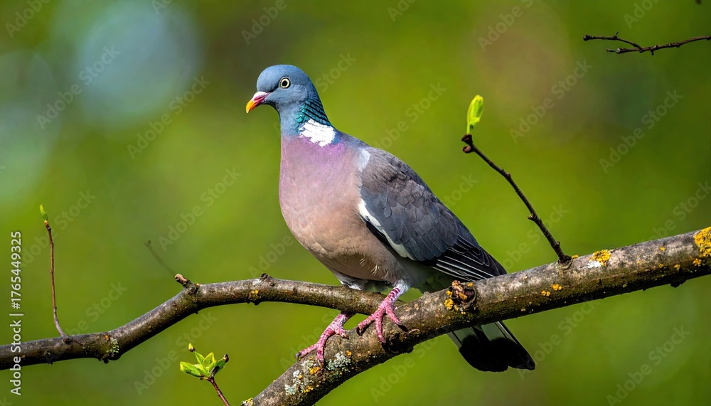 Fototapeta premium European Wood Pigeon Perched on Branch with Green Bokeh Background