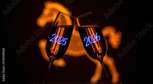 Two champagne glasses clinking with numbers 2025 and 2026, symbolizing trnsition of years. Blurred red Fire Horse on background as symbol of 2026 year. Dramatic light, banner for parties and events