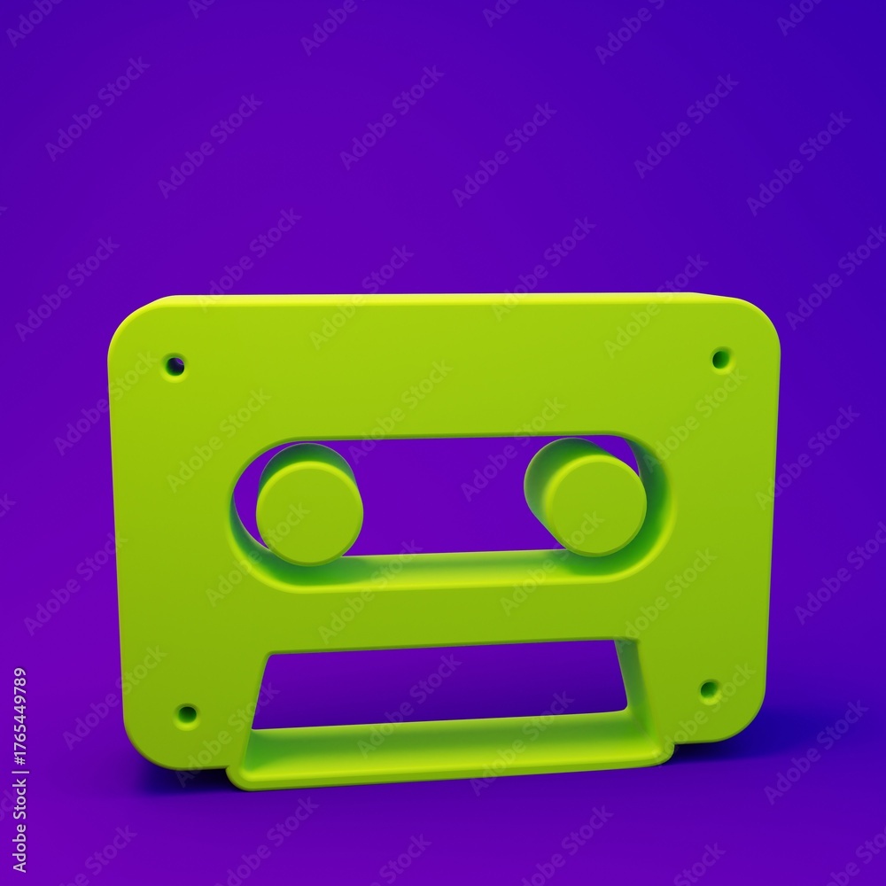 Obraz premium Green Retro audio cassette tape icon isolated on purple-blue background. Minimalism concept. 3D render illustration