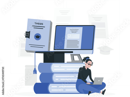 Student working on a laptop surrounded by books, a thesis, and a computer screen study education