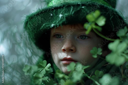 Girl in a green hat in a clover field
