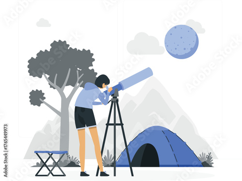 Person observing the moon through a telescope in a camping setting with mountains and a tent astronomy