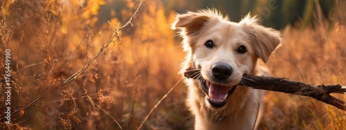 Happy dog running with stick in mouth in golden autumn forest setting