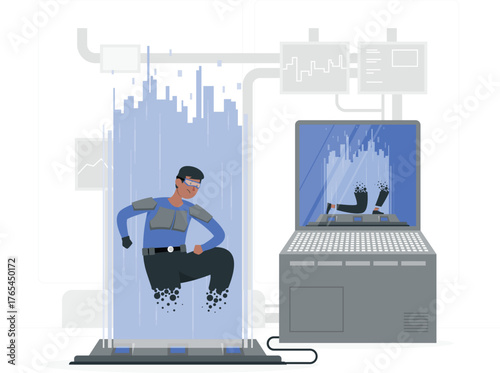 Man in a futuristic suit inside a cylindrical chamber with data streams science fiction technology