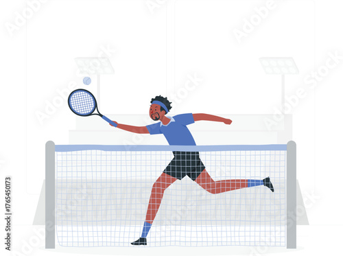 Tennis player lunging to hit a ball over the net during a match on a court with stadium lights sport