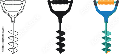 Vector illustration of ice auger tools in different styles drawing