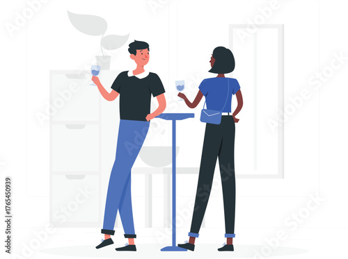 Two people in casual clothing holding wine glasses and talking at a high table woman drinking