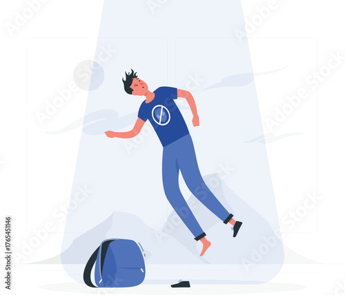 Person levitating in a light beam with a backpack on the ground floating abduction