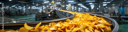 Industrial Production: Conveyor belt filled with a vast quantity of potato chips in a modern food factory