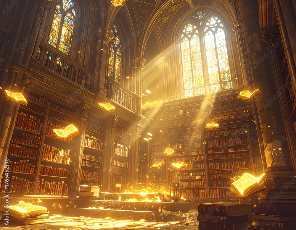 Fototapeta premium Ancient gothic library with golden sunlight streaming through stained glass, creating a mystical and magical atmosphere.