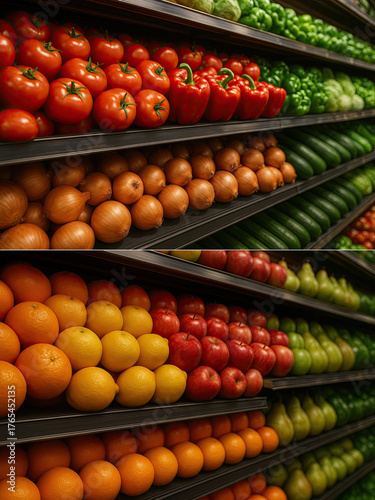 A fruit shelf and a vegetable shelf in the supermarket, set