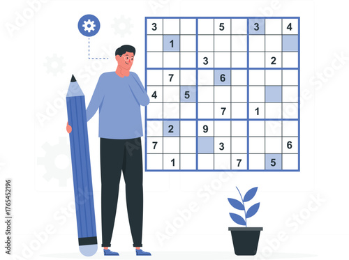 Man holding a giant pencil solving a Sudoku puzzle with gears and a potted plant game logic
